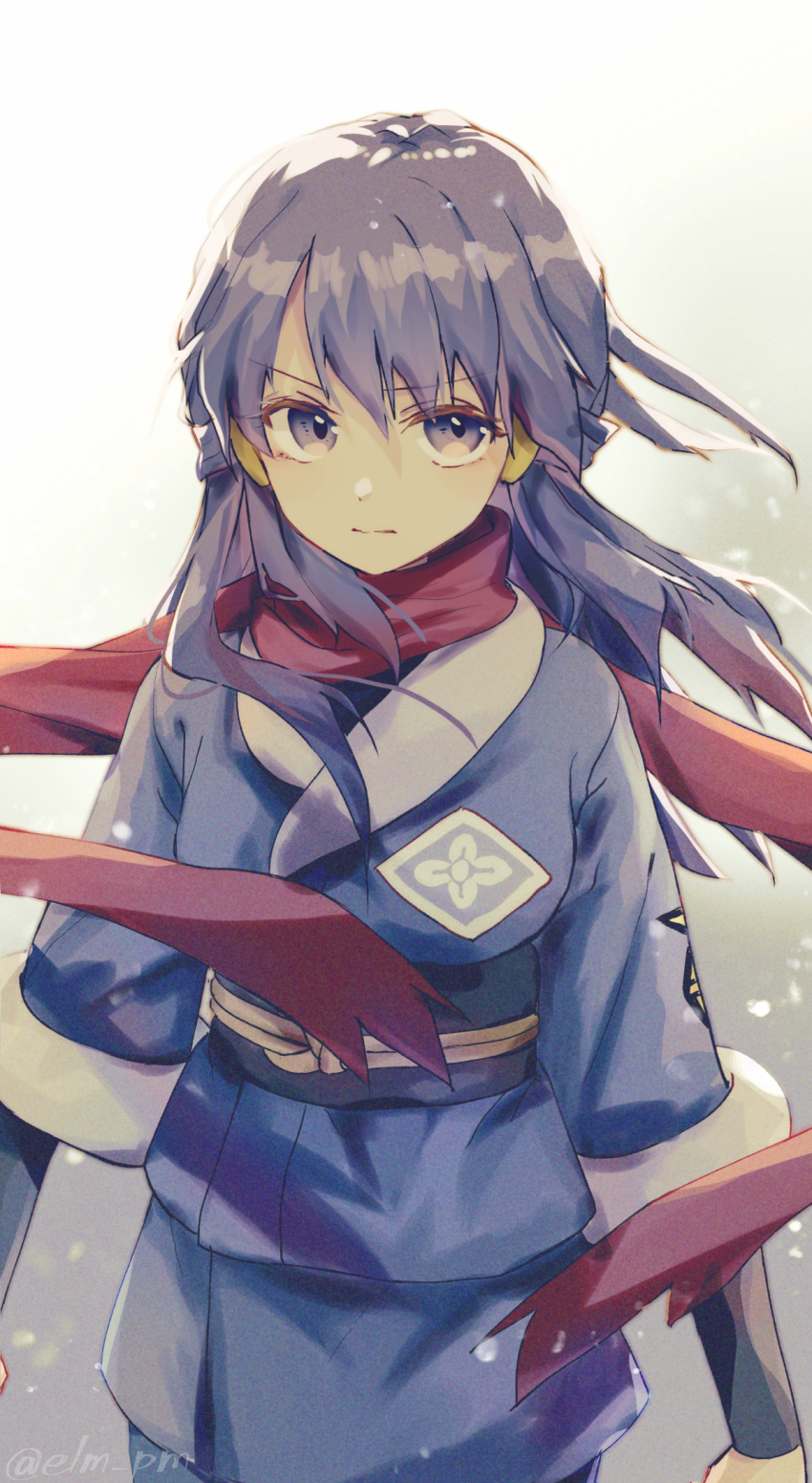 1girl, akari_(pokemon), black_shirt, closed_mouth, commentary_request, eyelashes, floating_scarf, gradient_background