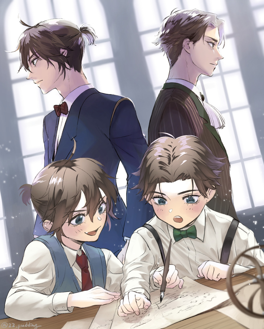 22_pudding, 2boys, :o, aged_down, ahoge, artist_name, ascot, blue_suit, bow, bowtie, brown_bow, brown_bowtie, brown_eyes, brown_hair, brown_suit, character_request, father_and_child, father_and_son, formal_clothes, green_bow, green_bowtie, green_eyes, highres, identity_v, indoors, luca_balsa, multiple_boys, necktie, parent_and_child, ponytail, red_necktie, school_uniform, short_hair, short_ponytail, suit, suspenders, sweater_vest, time_paradox, window, writing