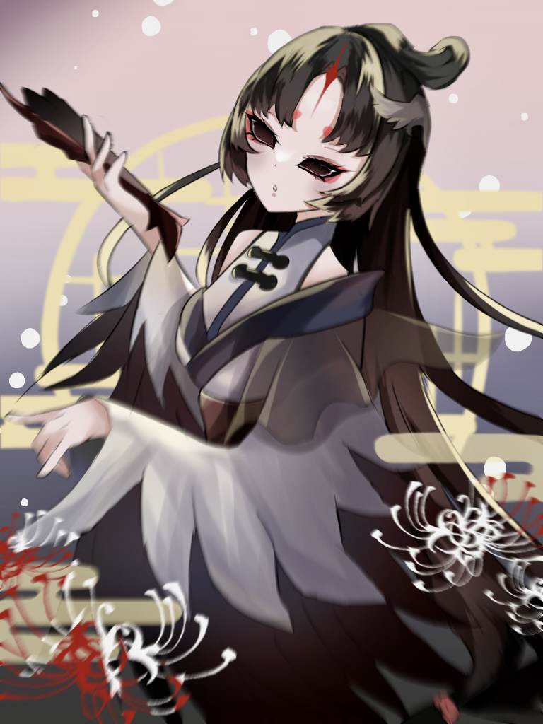 1girl, black_eyes, black_hair, black_sclera, colored_sclera, egasumi, flower, geisha, identity_v, japanese_clothes, kimono, long_hair, michiko_(identity_v), michiko_(manchurian_crane)_(identity_v), red_flower, siratamabooot, solo, spider_lily, standing