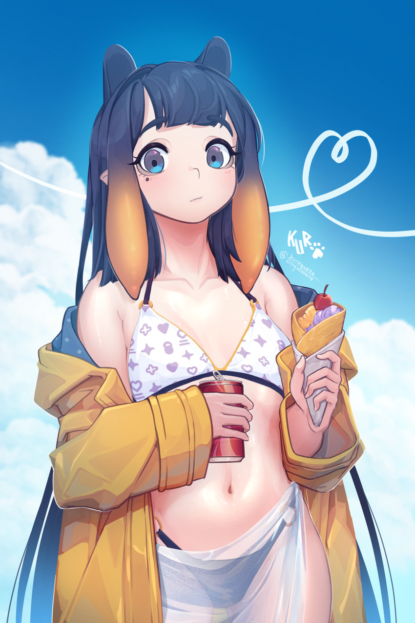 1girl, absurdres, adapted_costume, animal_ears, bikini, black_hair, blue_coat, blue_eyes