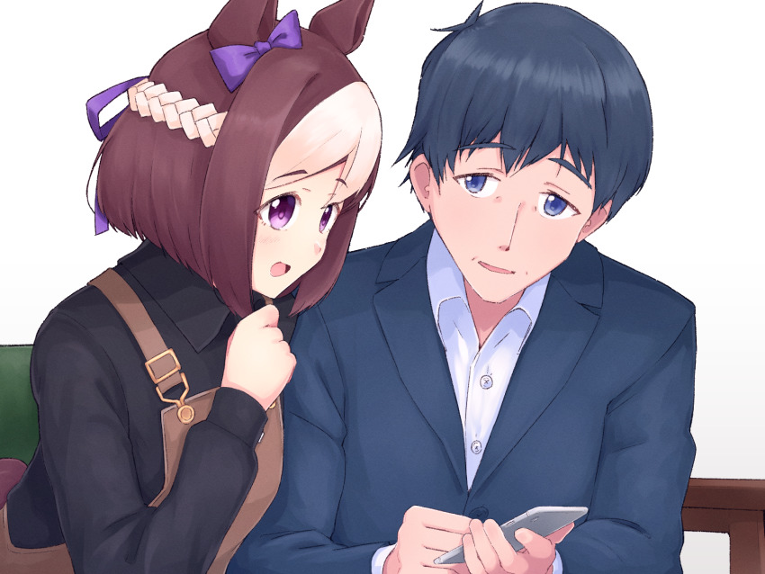 1boy, 1girl, animal_ears, balladeluce, black_hair, black_shirt, brown_overalls, cellphone, formal_clothes, hair_ribbon, highres, holding, holding_phone, horse_ears, horse_girl, jockey, looking_at_viewer, multicolored_hair, overalls, phone, purple_eyes, purple_ribbon, ribbon, shirt, short_hair, sidelocks, smartphone, special_week_(umamusume), suit, take_yutaka, two-tone_hair, umamusume, white_hair, white_shirt