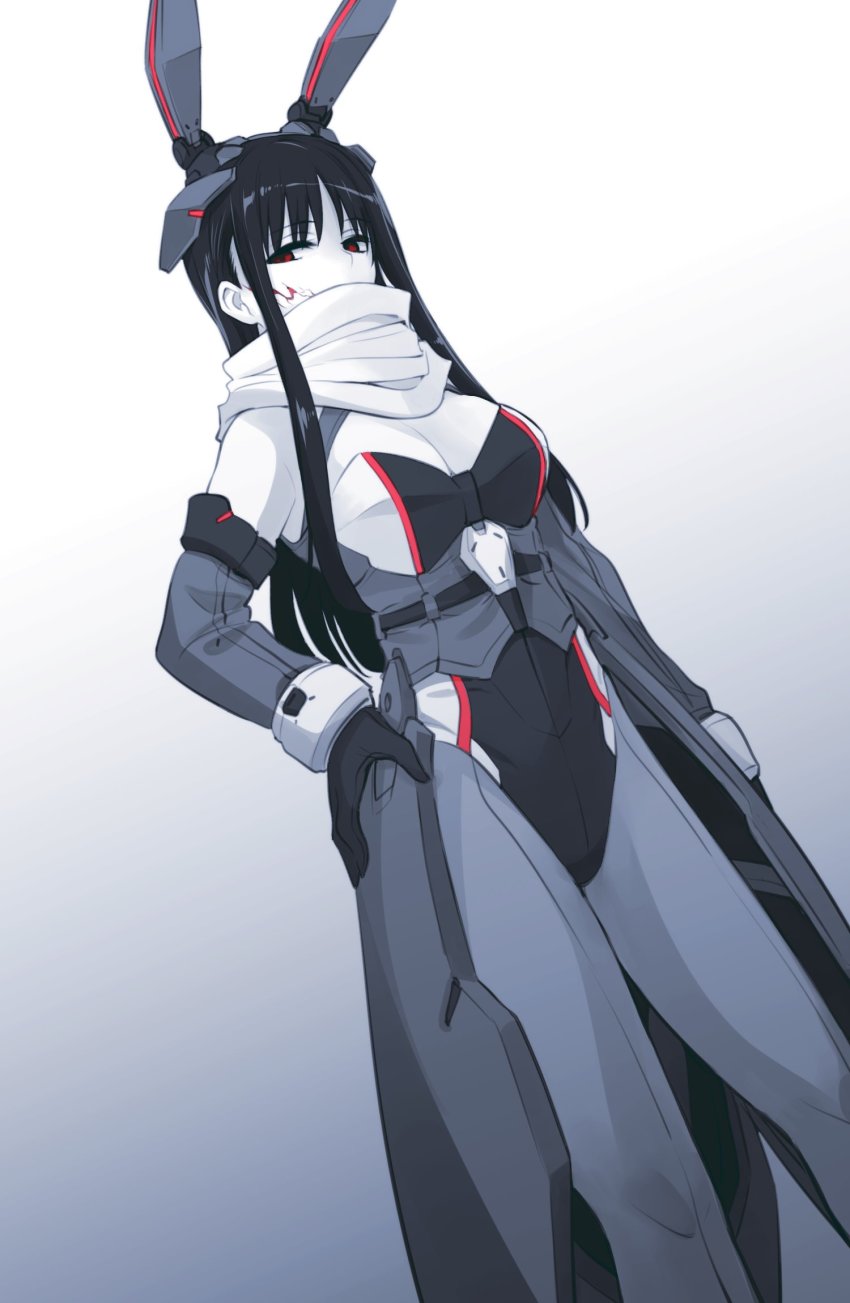 1girl, animal_ears, black_hair, cyborg, glasgow_smile, highres, kato_takuji, kuchisake-onna_(ishiyumi)