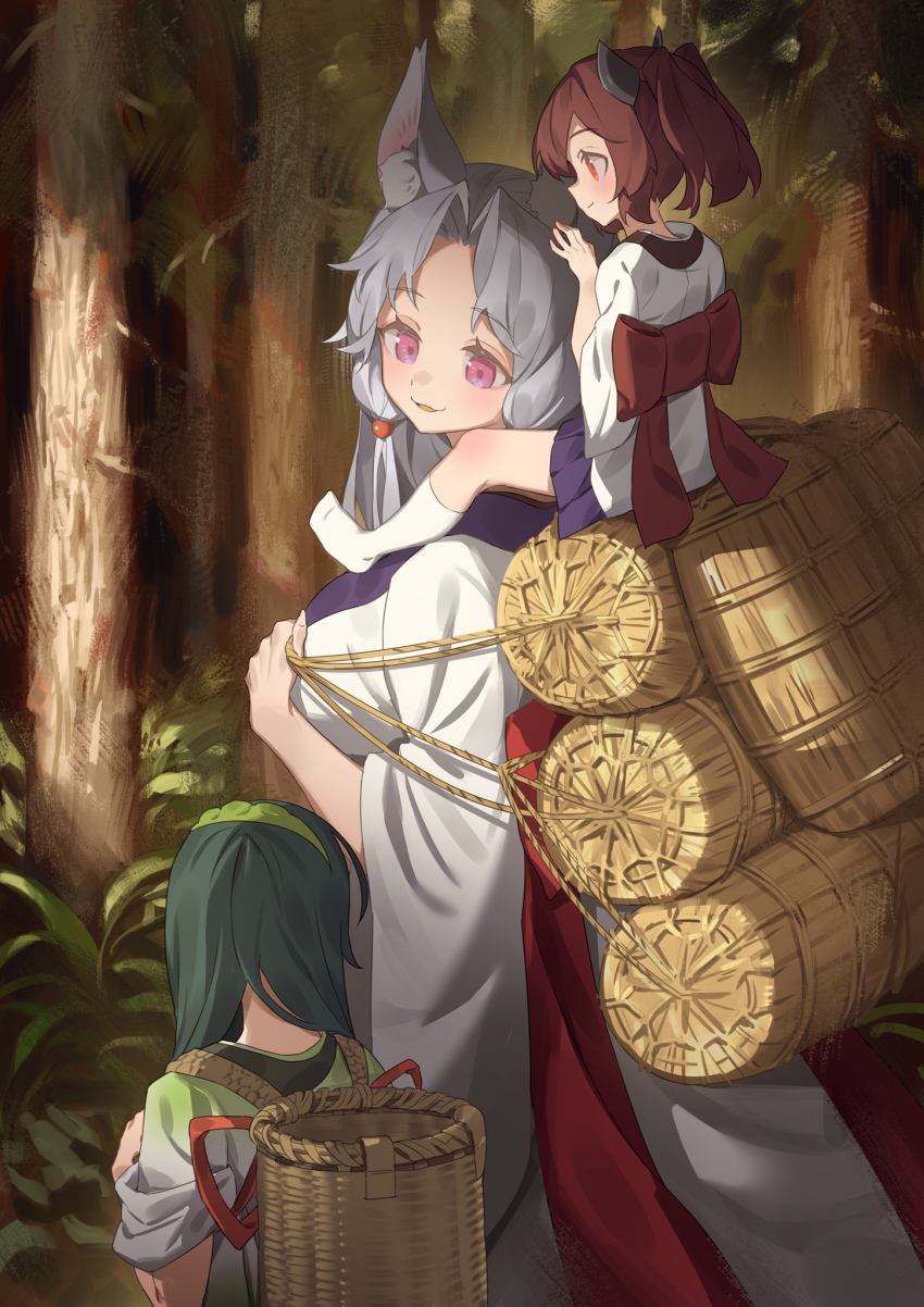 3girls, animal_ear_fluff, animal_ears, blush, brown_hair, fox_ears, green_hair, green_hairband