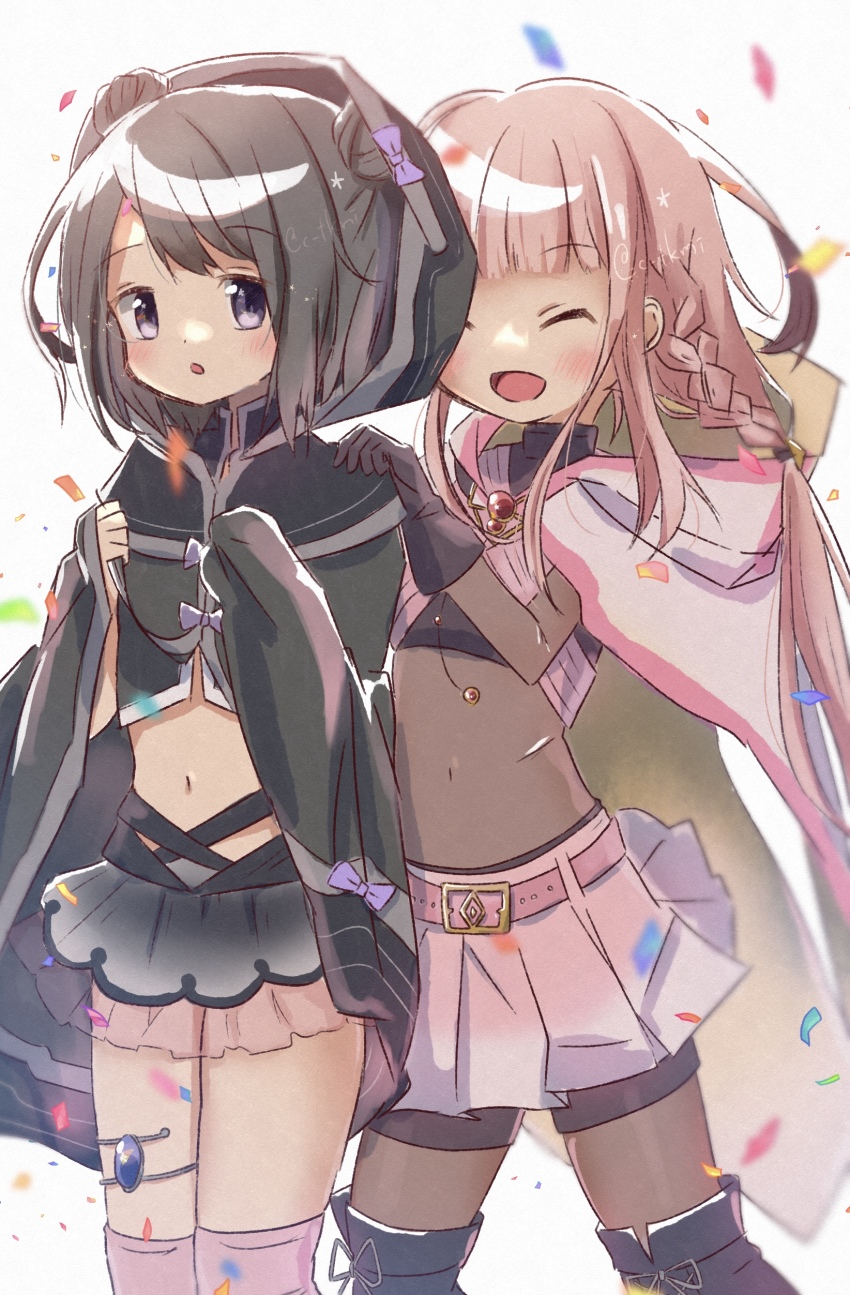 2girls, :d, :o, absurdres, belt, black_cloak, black_footwear, black_gloves