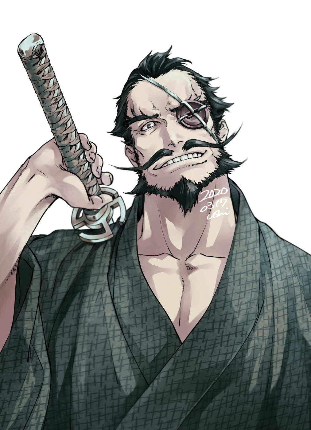 1boy, beard, black_hair, eyepatch, facial_hair, green_kimono, green_robe, hair_slicked_back