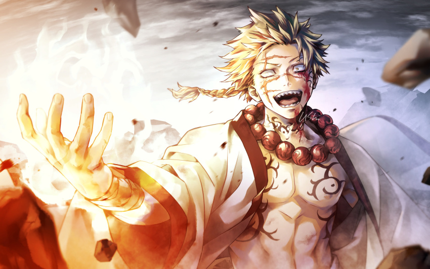 1boy, aza_choubei, bead_bracelet, beads, blank_eyes, blonde_hair, blood, blood_on_face