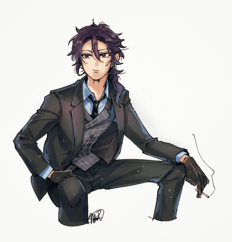1boy, :|, black_gloves, black_jacket, black_pants, black_suit, blue_shirt, bungou_to_alchemist