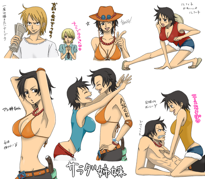 2boys, 3girls, abs, belt, bikini, bikini_top_only, black_eyes, black_hair, bracelet, breasts, cleavage, clenched_teeth, denim, denim_shorts, flip-flops, genderswap, genderswap_(mtf), jewelry, large_breasts, log_pose, luffyko, monkey_d._luffy, multiple_boys, multiple_girls, nami_(one_piece), namizou, necklace, newspaper, one_piece, open_mouth, orange_belt, portgas_d._ace, portgas_d._anne, sandals, sanji_(one_piece), sanjiko, scar, shirt, short_hair, short_shorts, shorts, smile, striped_clothes, striped_shirt, swimsuit, tattoo, teeth, translation_request, vertical-striped_clothes, vertical-striped_shirt