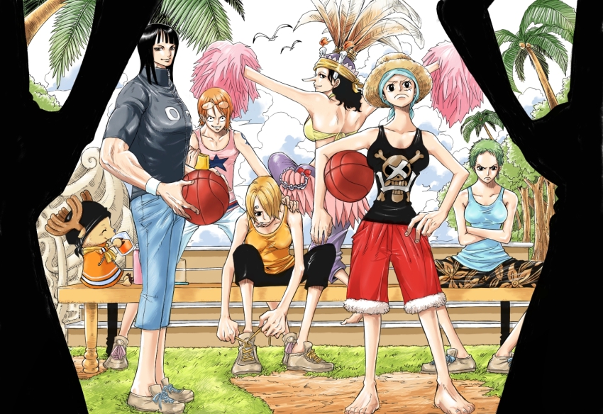 2boys, 5girls, alternate_universe, ball, bandana, barefoot, basketball, basketball_(object)