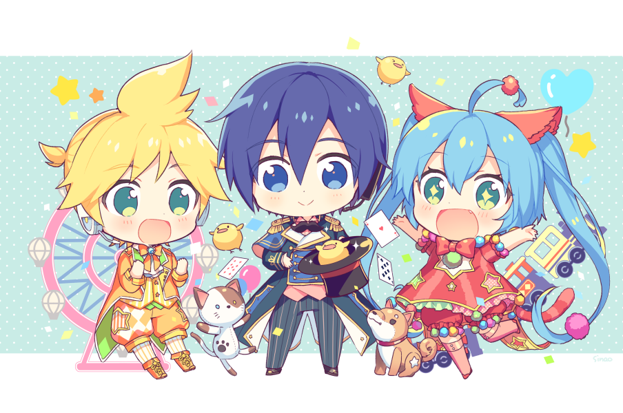 +_+, 1girl, 2boys, :>, :d, animal_ears, artist_name, ascot