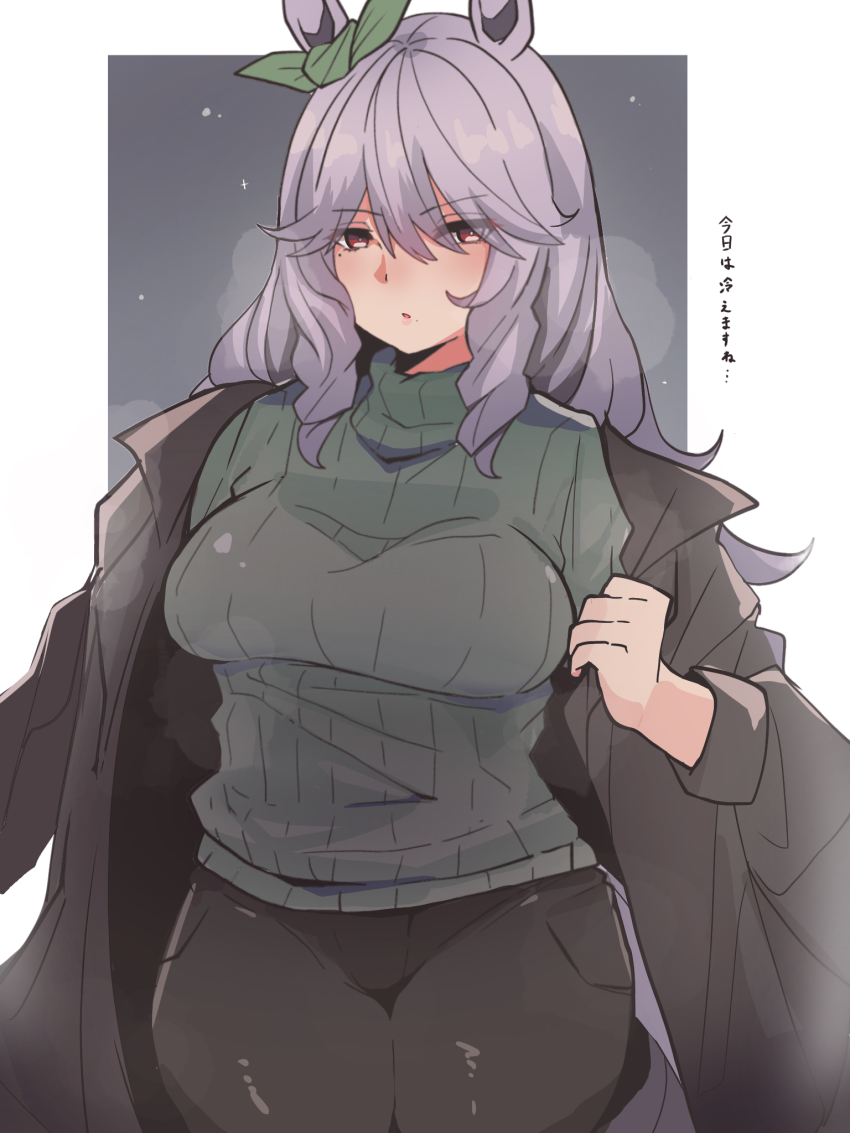1girl, animal_ears, black_pants, bow, brown_coat, coat, commentary_request, cowboy_shot, curly_hair, ear_bow, eyes_visible_through_hair, green_bow, green_sweater, hair_between_eyes, highres, horse_ears, horse_girl, kawamochi_(kawauti919), long_hair, mejiro_family_matriarch, mole, mole_under_eye, original, outside_border, pants, red_eyes, ribbed_sweater, ringlets, shiny_clothes, sidelocks, solo, sweater, translation_request, tsurime, umamusume, visible_air