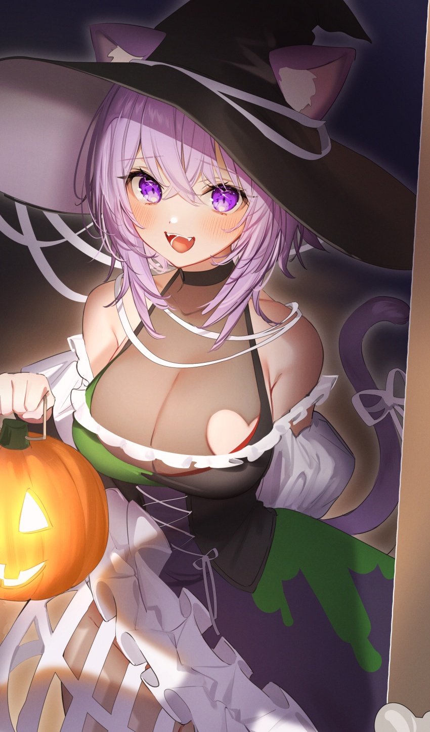 1girl, absurdres, animal_ears, black_dress, blush, breasts, cat_ears, cat_girl, cat_tail, cleavage, dress, green_dress, groin, hat, highres, hololive, jack-o'-lantern, kuma_daigorou, lantern, large_breasts, multicolored_dress, nekomata_okayu, nekomata_okayu_(poisonya_syndrome), no_panties, open_mouth, puffy_sleeves, purple_dress, purple_eyes, purple_hair, see-through_cleavage, see-through_clothes, short_hair, solo, tail, virtual_youtuber, white_dress, witch_hat