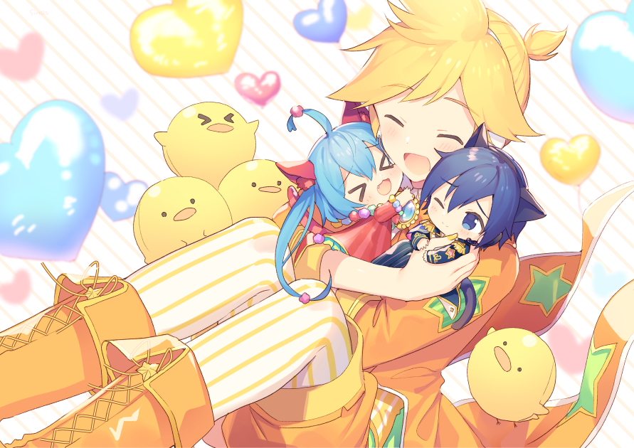 >_<, 1girl, 2boys, animal_ears, balloon, black_pants, blonde_hair, blue_capelet