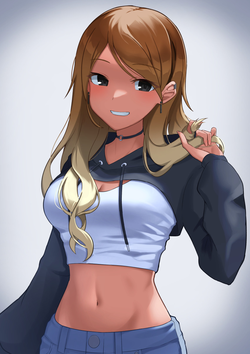 1girl, absurdres, breasts, brown_hair, camellia_90, choker, cleavage, crop_top, dark-skinned_female, dark_skin, ear_piercing, earrings, gradient_hair, grin, groin, twirling_hair, highres, idolmaster, idolmaster_shiny_colors, izumi_mei, jewelry, light_brown_hair, long_hair, looking_at_viewer, medium_breasts, multicolored_hair, navel, o-ring, o-ring_choker, piercing, shrug_(clothing), simple_background, smile, solo, swept_bangs, tank_top, upper_body, white_tank_top