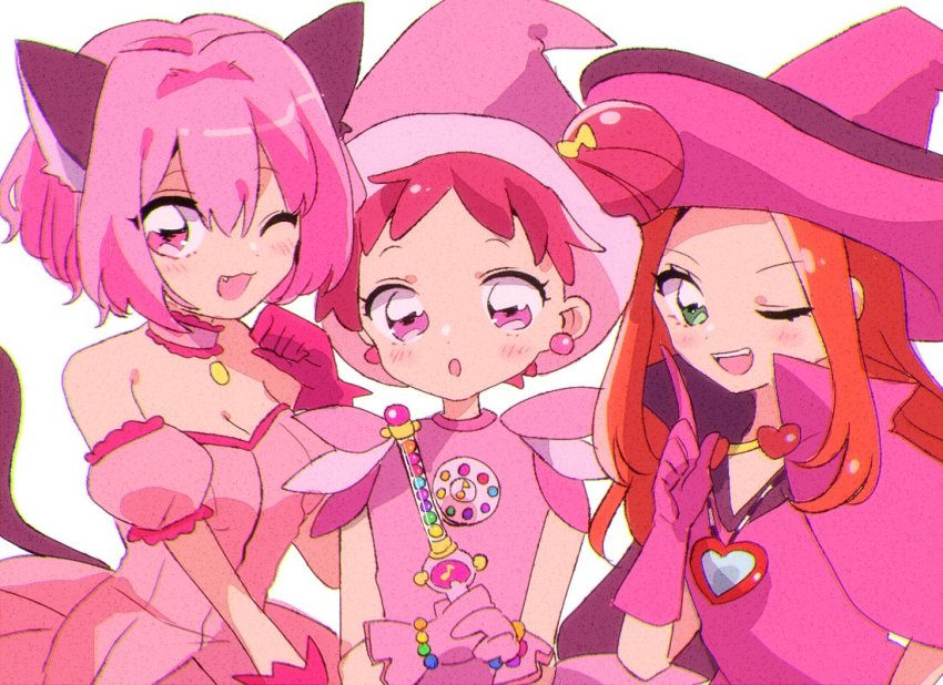 3girls, :o, ;d, animal_ears, arm_garter, blush, breasts, cape, cat_ears, cat_tail, chocolat_meilleure, choker, cleavage, crossover, dress, fang, frilled_choker, frills, gloves, harukaze_doremi, hat, large_breasts, looking_at_viewer, mew_ichigo, mizumi_(mizmi), momomiya_ichigo, multiple_girls, ojamajo_doremi, one_eye_closed, open_mouth, orange_hair, pink_cape, pink_dress, pink_gloves, pink_hair, pink_theme, red_hair, smile, strapless, strapless_dress, sugar_sugar_rune, tail, tokyo_mew_mew, upper_body, wand, witch_hat