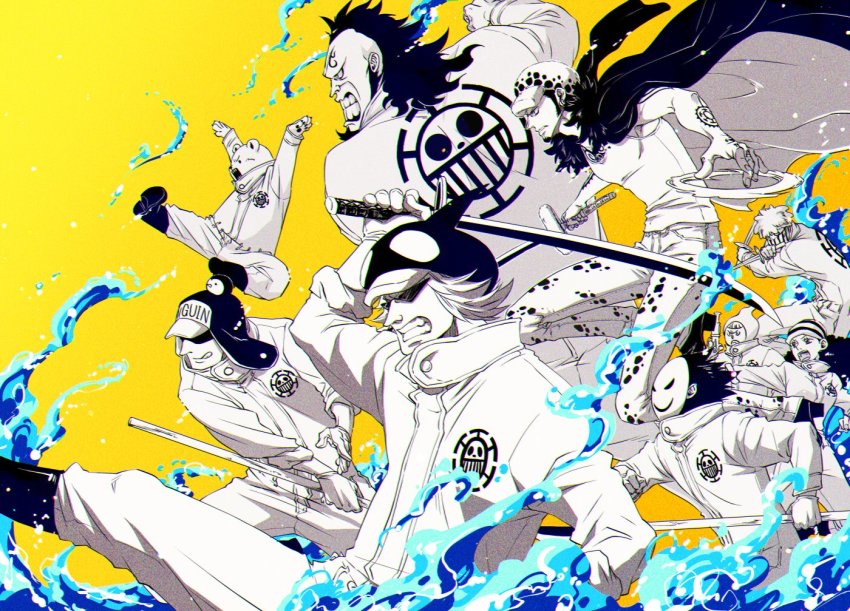 1girl, 6+boys, artist_request, bear, bepo_(one_piece), black_hair, clione_(one_piece), fighting_stance, hakugan_(one_piece), hat, ikkaku_(one_piece), jacket, jean_bart, katana, long_hair, medium_hair, mohawk, multiple_boys, one_piece, penguin_(one_piece), serious, shachi_(one_piece), short_hair, simple_background, source_request, sunglasses, sword, trafalgar_law, uni_(one_piece), weapon, yellow_background