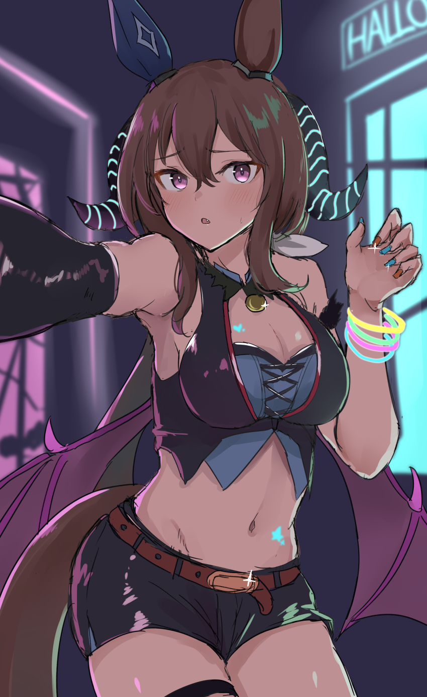 1girl, absurdres, admire_vega_(umamusume), animal_ears, bare_shoulders, black_shorts, black_sleeves, blue_nails