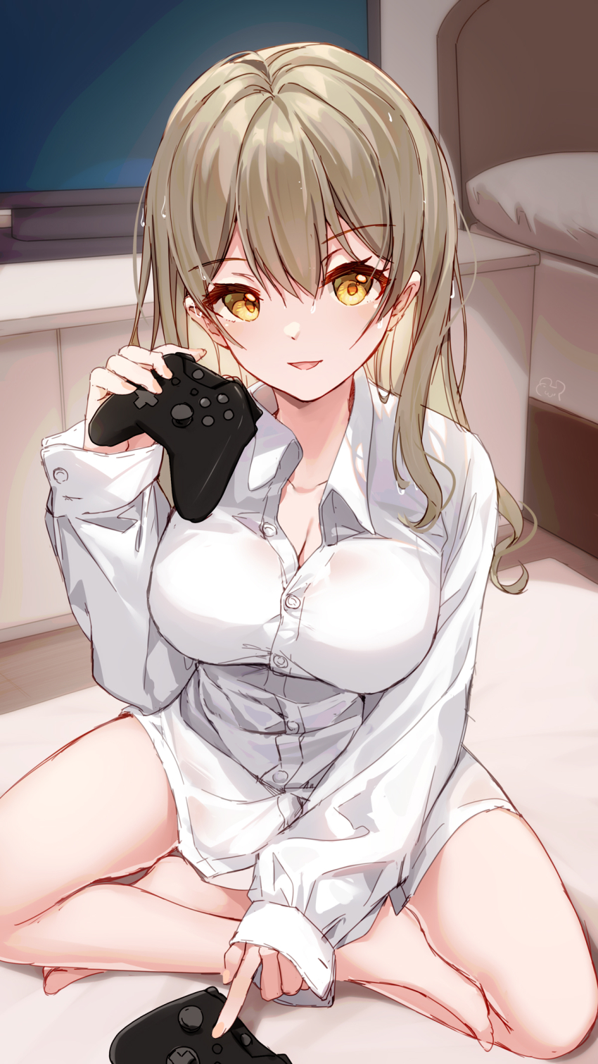 1girl, aki_rinco, barefoot, bed, bison_cangshu, breasts, brown_hair, cleavage, collared_shirt, commentary_request, controller, dress_shirt, flat_screen_tv, game_controller, hair_between_eyes, hand_up, highres, holding, indoors, long_hair, long_sleeves, looking_at_viewer, medium_breasts, on_floor, pillow, project-sp, shirt, sleeves_past_wrists, solo, television, virtual_youtuber, white_shirt, yellow_eyes