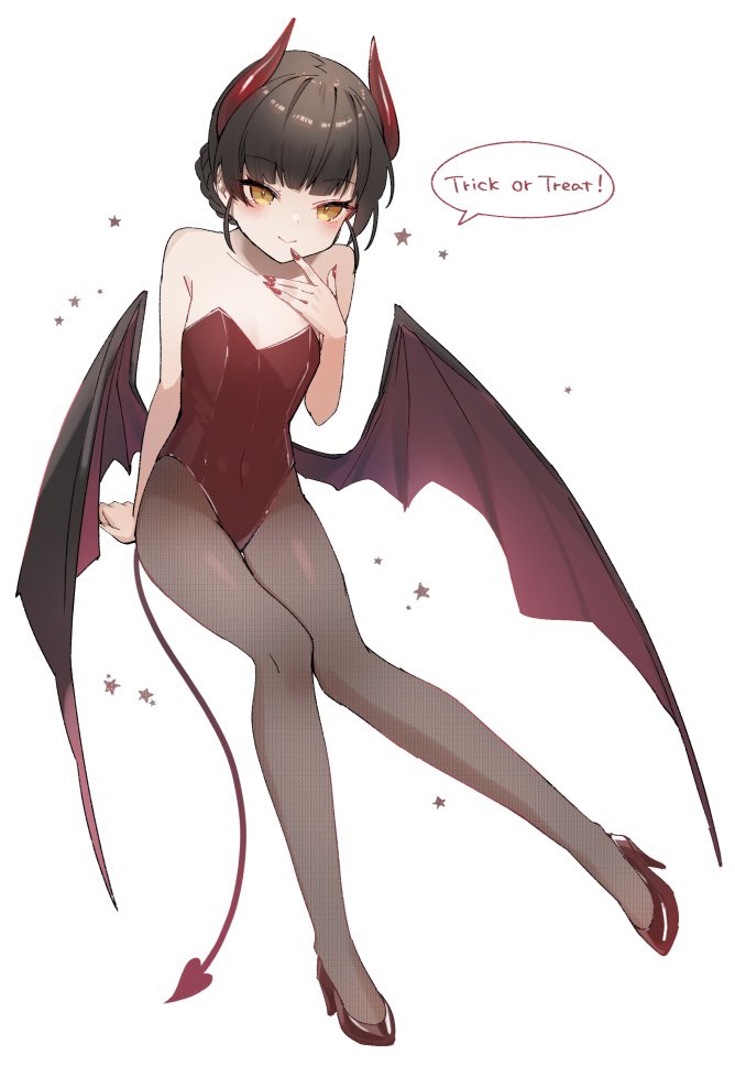 1girl, black_hair, black_pantyhose, blush, brown_eyes, closed_mouth, collarbone, demon_horns, demon_tail, demon_wings, english_text, fingernails, halloween, halloween_costume, horns, kantai_collection, leotard, long_fingernails, nail_polish, one-hour_drawing_challenge, pantyhose, red_horns, red_leotard, red_nails, sharp_fingernails, short_hair, simple_background, smile, solo, speech_bubble, strapless, strapless_leotard, tail, trick_or_treat, un'you_(kancolle), white_background, wings, yamashichi_(mtseven), yawata_maru_(kancolle)