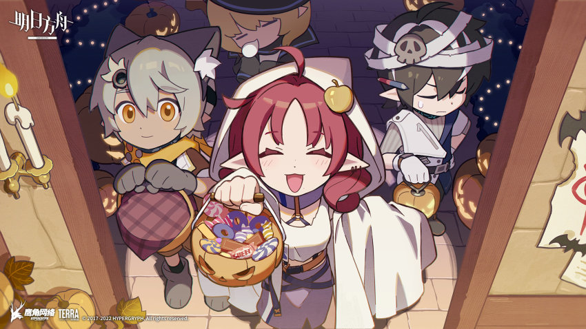 2boys, 2girls, :d, animal_ear_fluff, animal_ears, apple, apple_hair_ornament, arknights