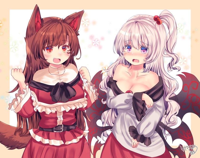 2girls, animal_ears, bare_shoulders, blush, breasts, brooch, brown_hair, cleavage, cosplay, costume_switch, dress, highres, imaizumi_kagerou, imaizumi_kagerou_(cosplay), jewelry, kemo_chiharu, large_breasts, long_hair, long_sleeves, medium_breasts, multiple_girls, off-shoulder_dress, off_shoulder, open_mouth, red_eyes, shinki_(touhou), shinki_(touhou)_(cosplay), tail, touhou, touhou_(pc-98), wolf_ears, wolf_tail
