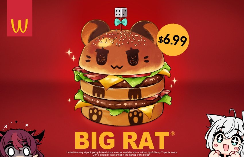 +_+, 0_0, 2girls, ahoge, alzcats, animal_ear_fluff, animal_ears, big_mac, braid, commentary, dice, english_text, foodification, fox_ears, fox_girl, green_eyes, hair_between_eyes, hakos_baelz, highres, hololive, hololive_english, irys_(hololive), long_hair, looking_at_viewer, mcdonald's, multiple_girls, parody, purple_hair, red_background, shirakami_fubuki, sidelocks, simple_background, single_braid, untranslatable_commentary, virtual_youtuber, white_hair