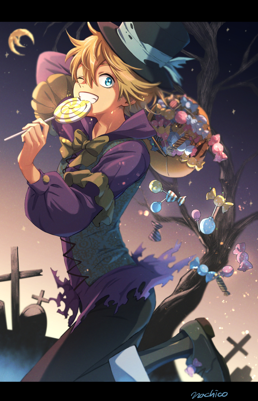 1boy, absurdres, artist_name, black_clover, blonde_hair, blue_eyes, candy, food