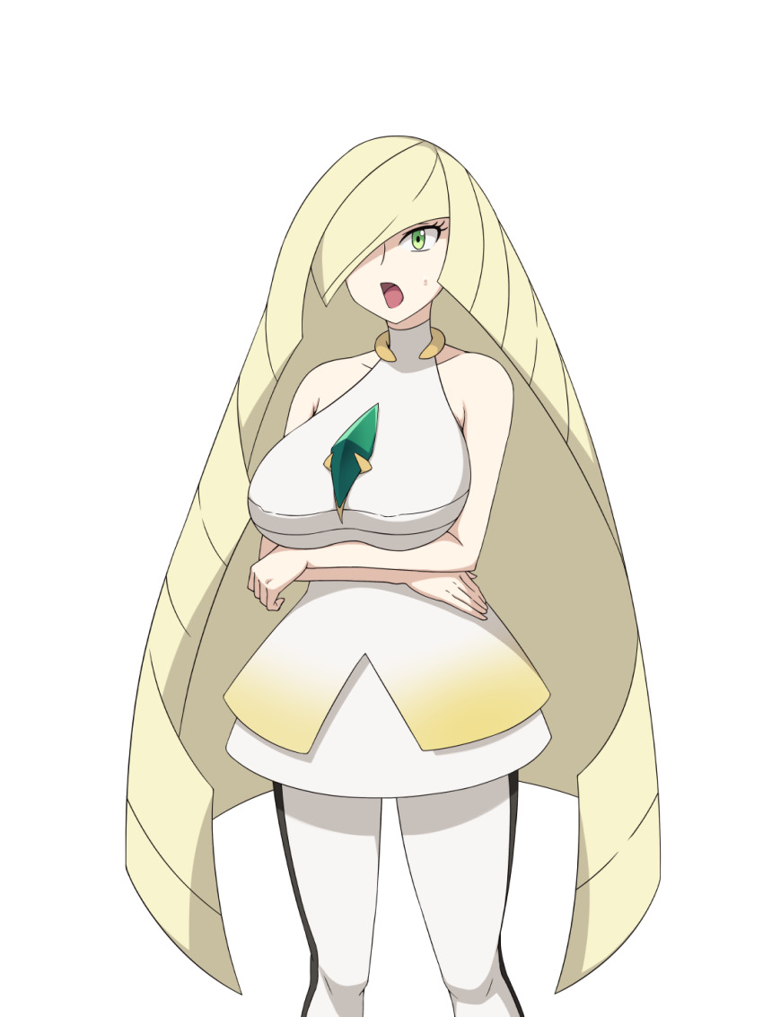 1girl, blonde_hair, diamond_(shape), dress, gem, green_eyes, green_gem, hair_over_one_eye