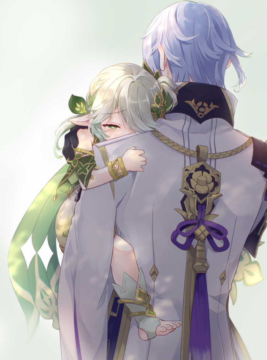 commentary_request, cross-shaped_pupils, genshin_impact, green_background, highres, kamisato_ayato, nahida_(genshin_impact), ponytail