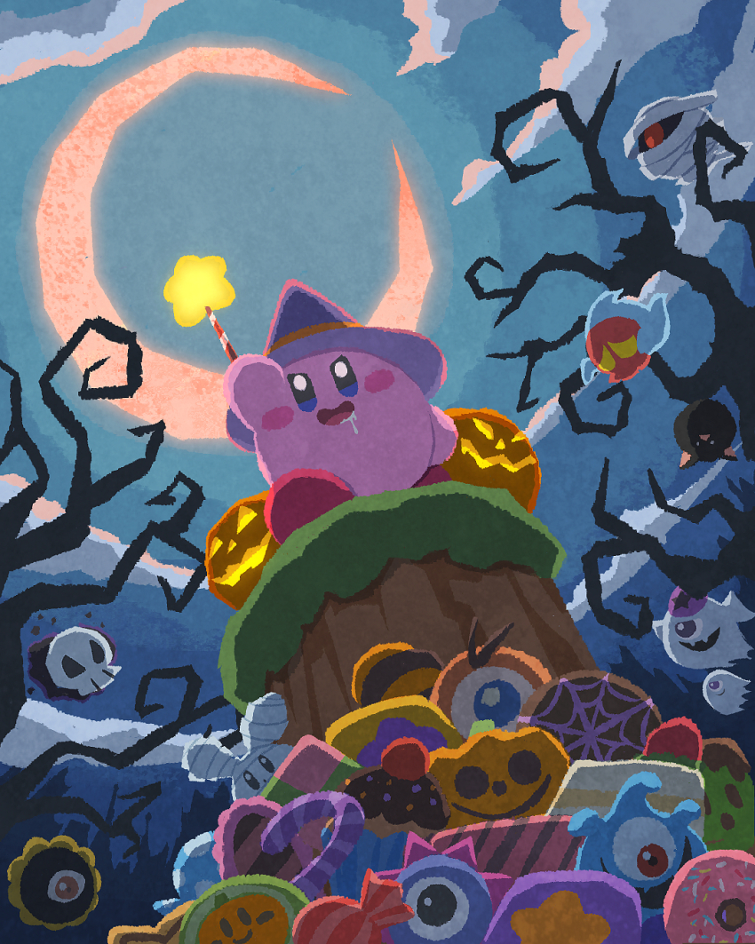 bare_tree, bat_(animal), candy, cloud, crescent_moon, dark_matter_(kirby), food, from_below