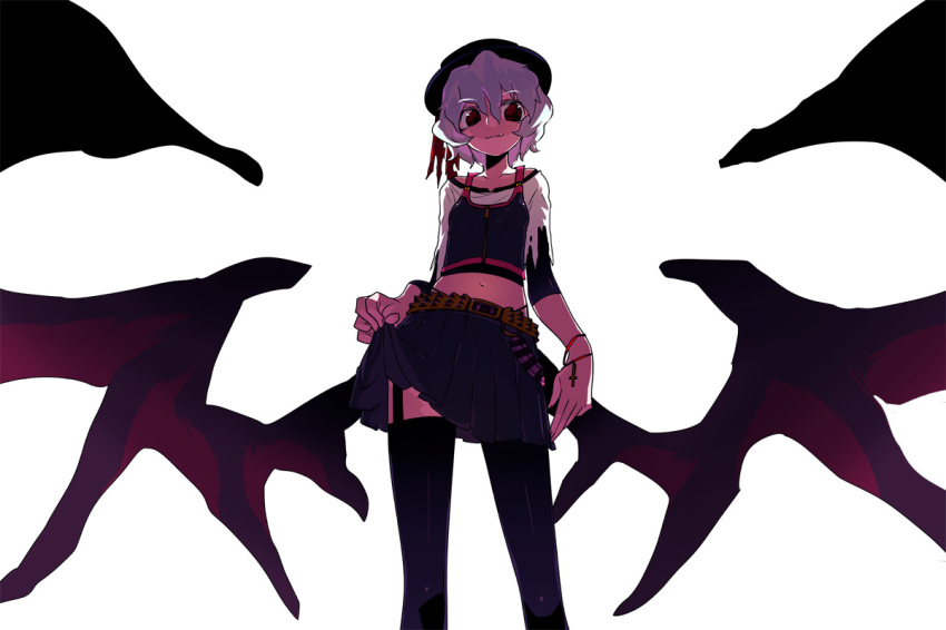 1girl, alternate_costume, bad_id, bad_pixiv_id, bat_wings, clothes_lift, contemporary, cross