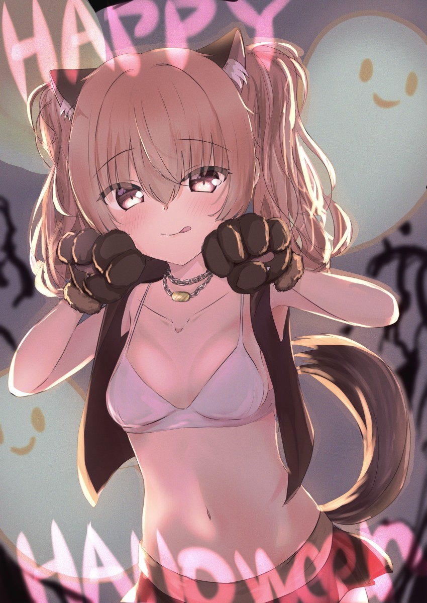 1girl, absurdres, animal_ear_fluff, animal_ears, animal_hands, blush, bra, breasts, collarbone, english_text, fake_animal_ears, fake_tail, ghost, gloves, hair_between_eyes, halloween, hands_up, highres, inaba_meguru, jewelry, kokoroofiscream, long_hair, looking_at_viewer, miniskirt, navel, necklace, open_clothes, orange_eyes, orange_hair, paw_gloves, sanoba_witch, skirt, small_breasts, smile, solo, tail, tongue, tongue_out, twintails, underwear, vest, white_bra