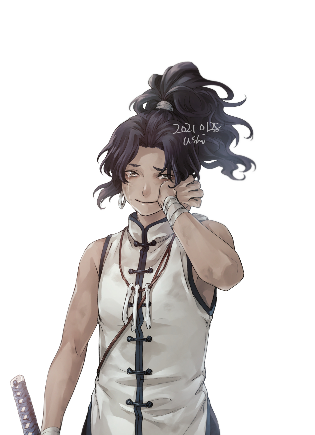 1boy, black_hair, black_skin, bone_necklace, chinese_clothes, colored_skin, crying, crying_with_eyes_open
