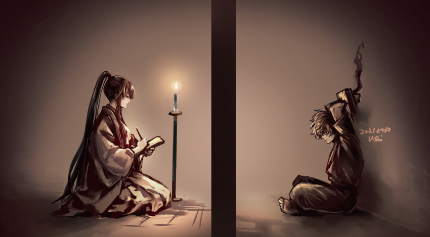 1boy, 1girl, black_hair, black_robe, book, border, bound, candle