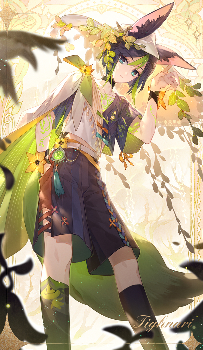 1boy, alternate_costume, animal_ears, aranara_(genshin_impact), asymmetrical_clothes, black_choker, black_hair, black_shorts