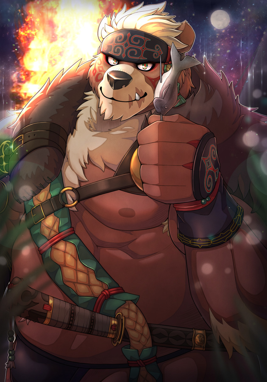 1boy, absurdres, ainu_clothes, animal_ears, animal_nose, bara, bear_boy, bear_ears, brown_fur, cape, chest_hair, commentary_request, facepaint, fire, fish, fish_(food), full_moon, fur_cape, furry, furry_male, green_eyes, headband, highres, holding, holding_skewer, karasuki, kimun_kamui_(housamo), large_pectorals, male_focus, moon, muscular, muscular_male, nipples, partial_commentary, pectorals, red_pupils, scar, scar_on_face, scar_on_mouth, short_hair, skewer, smile, snout, solo, sword, tokyo_houkago_summoners, tusks, underpec, upper_body, weapon, white_hair