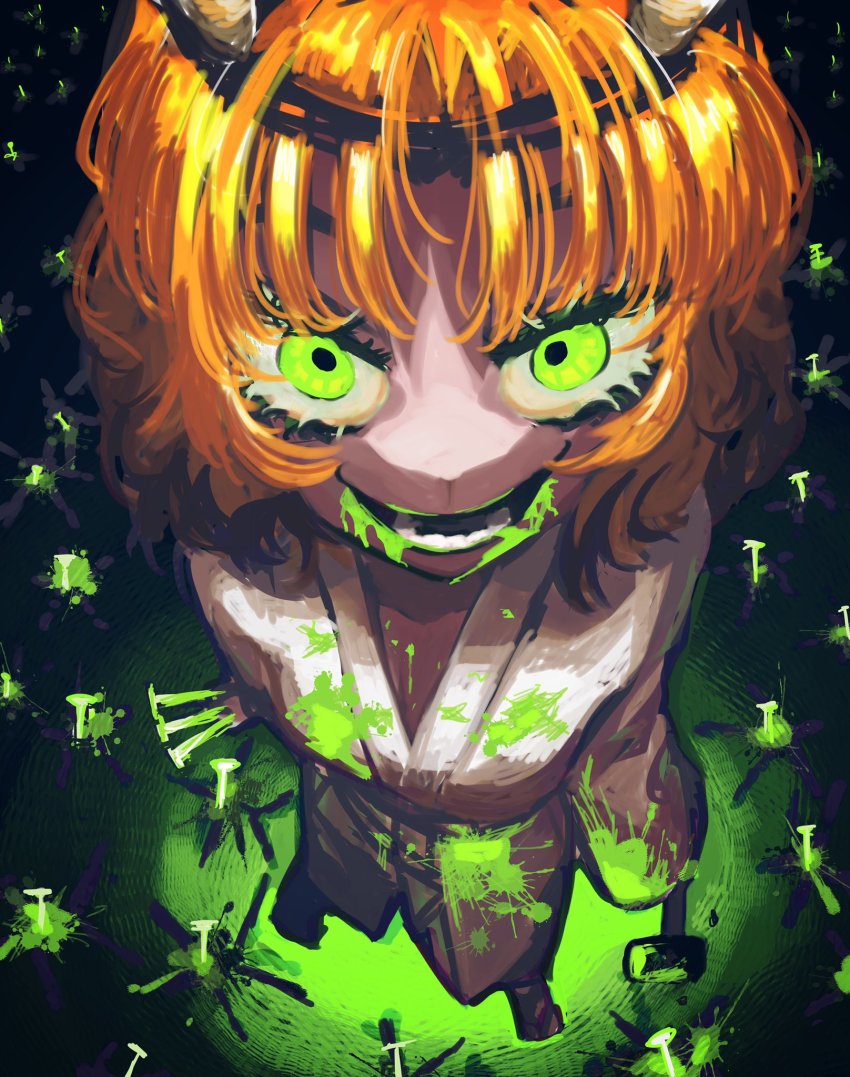 1girl, alternate_costume, blonde_hair, breasts, commentary_request, from_above, full_body, glowing