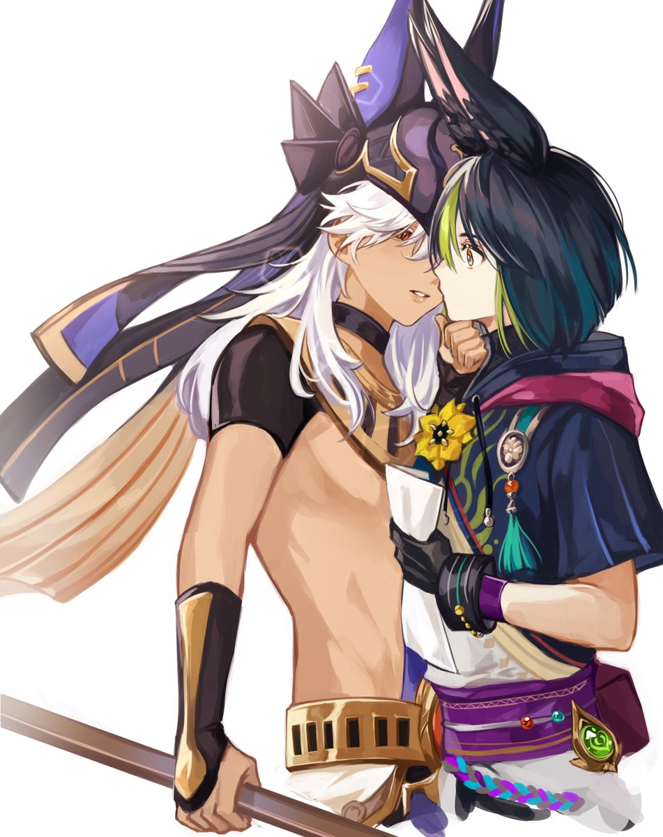 2boys, animal_ear_fluff, animal_ears, animal_hat, arabian_clothes, belt, black_choker, black_gloves