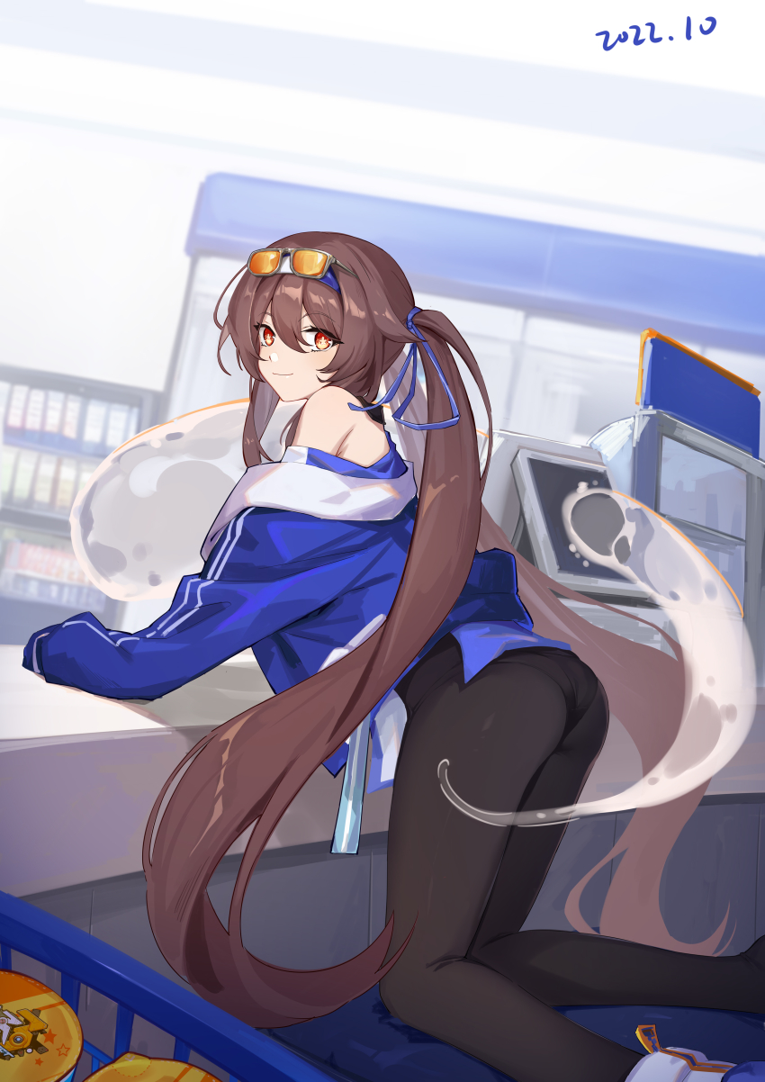 1girl, absurdres, ass, bare_shoulders, black_pantyhose, blue_jacket, brown_hair, cash_register, ejieaa, eyewear_on_head, genshin_impact, ghost, highres, hu_tao_(genshin_impact), hu_tao_(lawson)_(genshin_impact), jacket, kneeling, long_hair, looking_at_viewer, off_shoulder, official_alternate_costume, pantyhose, pantylines, red_eyes, smile, symbol-shaped_pupils, twintails, very_long_hair