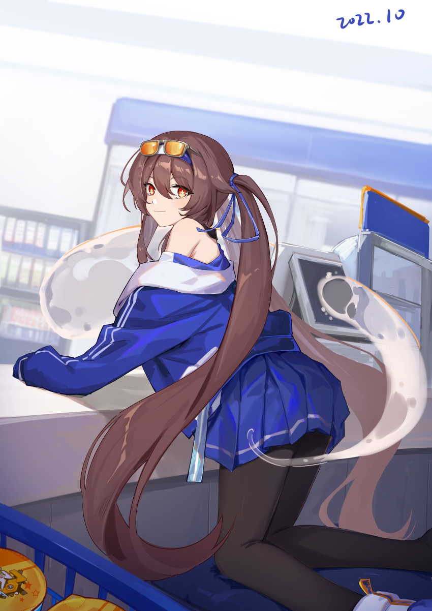 1girl, absurdres, bare_shoulders, black_pantyhose, blue_jacket, blue_skirt, brown_hair, cash_register