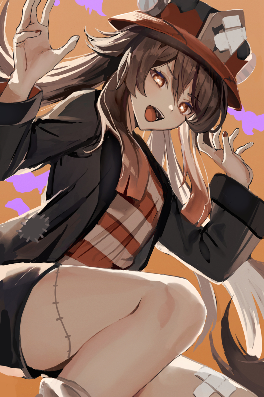 1girl, alternate_costume, black_jacket, black_shorts, brown_hair, genshin_impact, halloween, halloween_costume, hands_up, hat, highres, hu_tao_(genshin_impact), hu_tao_(halloween)_(genshin_impact), jacket, long_sleeves, looking_at_viewer, open_clothes, open_jacket, red_eyes, shirt, shorts, solo, stitched_leg, stitches, striped_clothes, striped_shirt, thighs, twintails, unacha