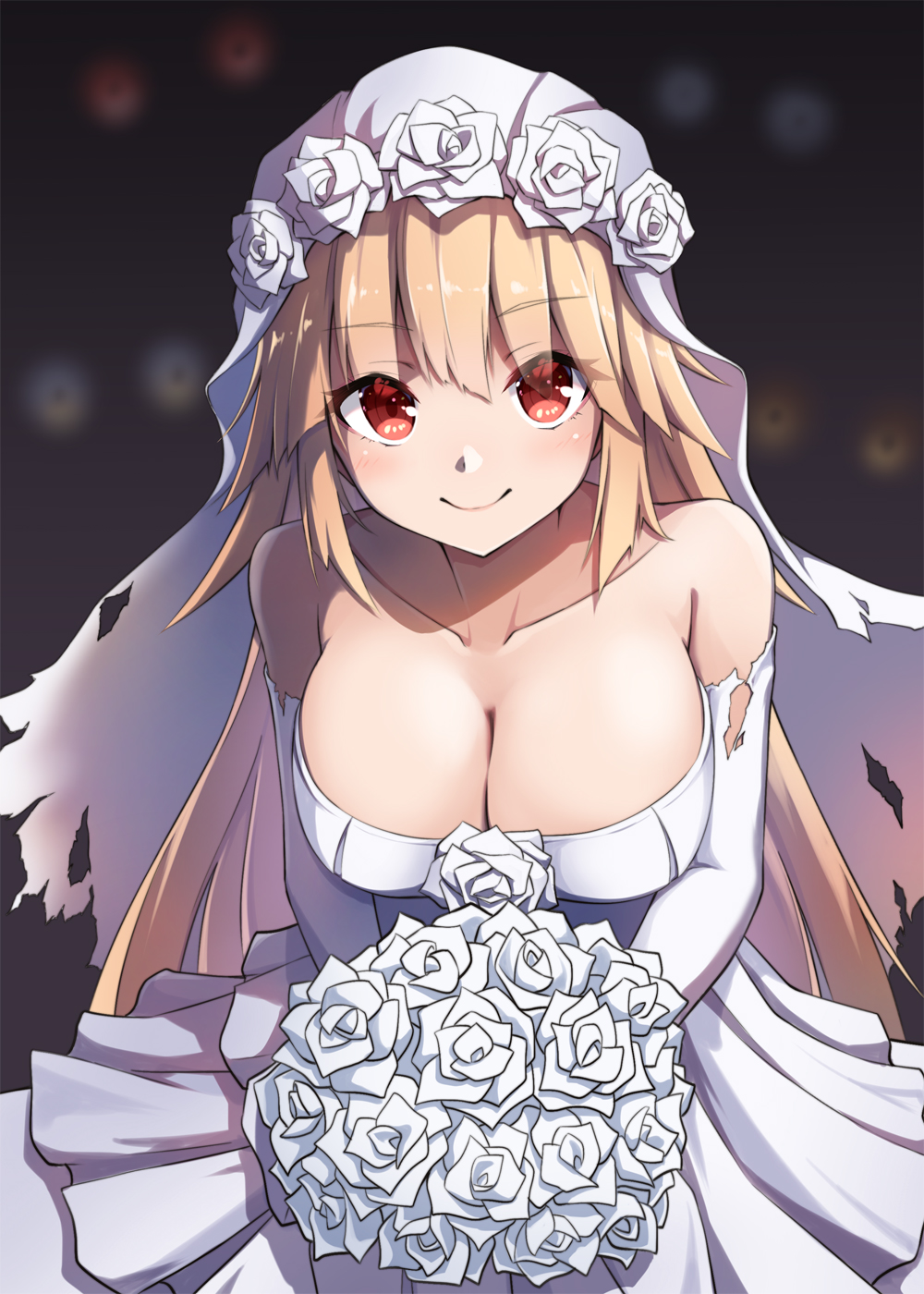 1girl, blonde_hair, blush, breasts, brooklyn_(halloween)_(kancolle), brooklyn_(kancolle), cleavage, closed_mouth, commentary, dress, elbow_gloves, flower, gloves, highres, kantai_collection, kodama_(mmt_uf), large_breasts, long_hair, looking_at_viewer, red_eyes, rose, smile, solo, torn_clothes, torn_gloves, white_dress, white_flower, white_gloves, white_rose