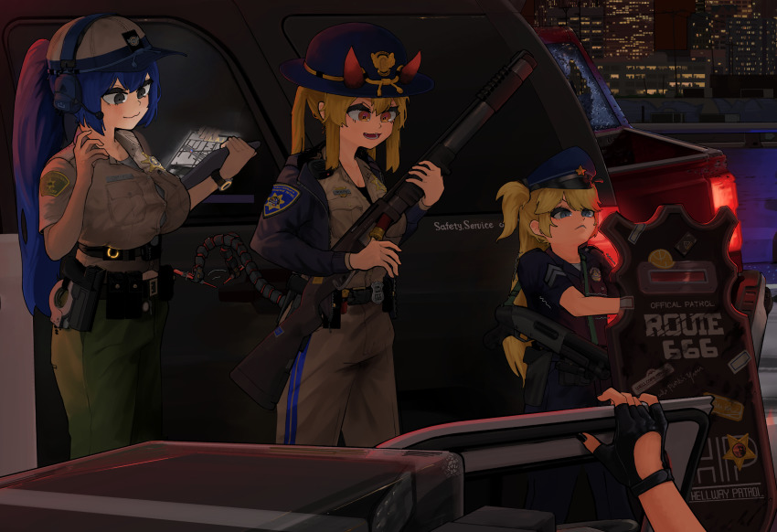 4girls, ammunition, ballistic_shield, baseball_cap, black_gloves, blue_jacket, brown_shirt, building, bullpup, california_highway_patrol, car, chevrolet, chevrolet_tahoe, commentary_request, copyright_name, dp-12_(girls'_frontline), fingerless_gloves, girls'_frontline, glock, gloves, green_pants, grey_pants, grey_shirt, gun, handgun, hat, headphones, high_standard_manufacturing_company, high_standard_model_10, high_standard_model_10b, highres, holding, holding_gun, holding_tablet_pc, holding_weapon, hs10, hsm10_(girls'_frontline), jacket, long_sleeves, m870_(girls'_frontline), motor_vehicle, multiple_girls, night, open_clothes, open_jacket, outdoors, pants, patch, peaked_cap, pickup_truck, police, police_badge, police_car, police_hat, pump-action_shotgun, pump_action, reflection, remington_870, riot_shield, road, rotating_stock, semi-automatic_shotgun, serbu_super-shorty, shield, shirt, short_sleeves, shotgun, shotgun_shell, sky, sports_utility_vehicle, stock_(firearm), super-shorty_(girls'_frontline), tablet_pc, truck, uingssi, united_states, weapon