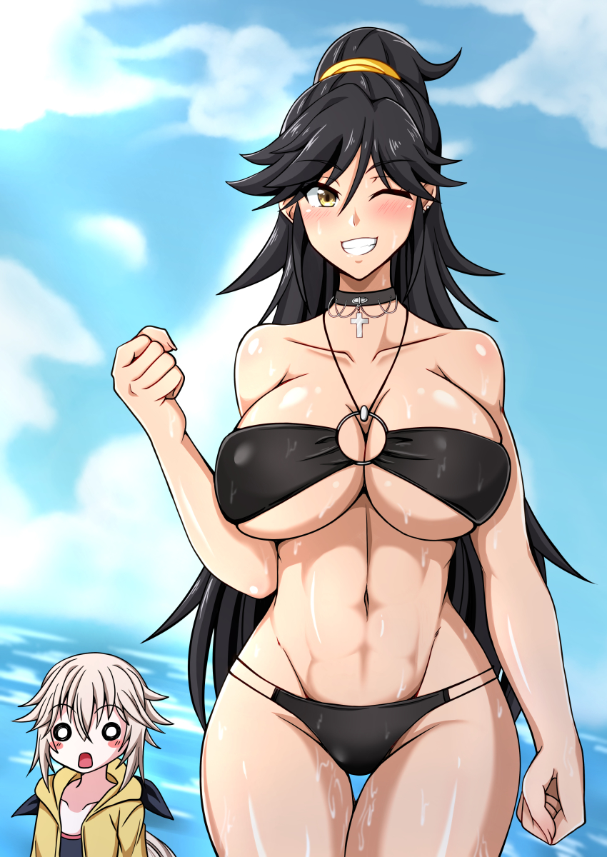 2girls, abs, absurdres, ashley_vancroft, beach, bikini, black_bikini, black_hair, blush, breasts, brown_eyes, choker, cleavage, cloud, cross, extreme_hearts, flat_chest, grin, highres, large_breasts, long_hair, looking_at_viewer, michelle_jaeger, multiple_girls, muscular, muscular_female, navel, ocean, one_eye_closed, outdoors, parted_lips, ponytail, sky, smile, standing, swimsuit, teeth, thighs, underboob, wet, white_hair, wink, zeromoon2929