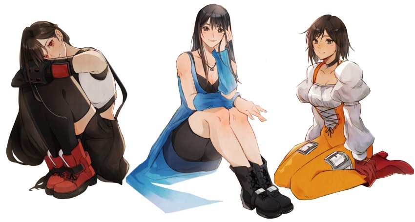 3girls, arm_warmers, bare_shoulders, bike_shorts, black_hair, black_thighhighs, blue_arm_warmers, boots, breasts, brown_eyes, choker, cleavage, crop_top, detached_sleeves, earrings, final_fantasy, final_fantasy_ix, final_fantasy_vii, final_fantasy_vii_remake, final_fantasy_viii, final_fantasy_xii, full_body, garnet_til_alexandros_xvii, gloves, highres, jewelry, long_hair, looking_at_viewer, low-tied_long_hair, medium_breasts, mmariesr, multiple_girls, red_eyes, red_footwear, rinoa_heartilly, short_hair, sitting, tank_top, thighhighs, tifa_lockhart, white_background, white_tank_top