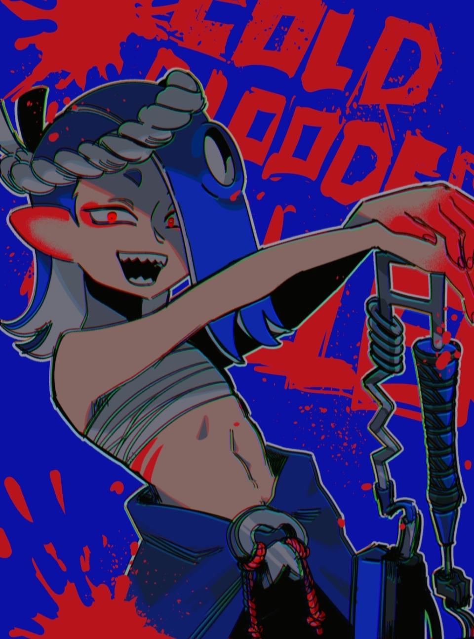 1girl, arms_up, bare_shoulders, blue_background, blue_hair, bodypaint, caffstrink, chromatic_aberration