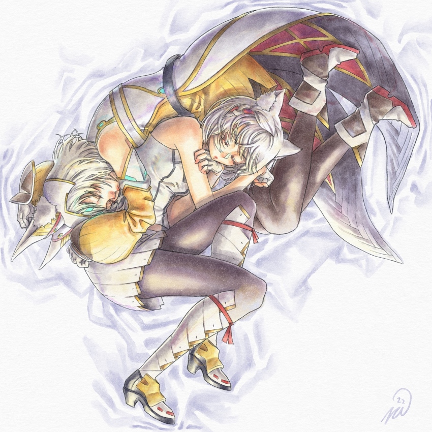 2girls, animal_ears, boots, cat_ears, closed_eyes, dress, fetal_position, grey_hair