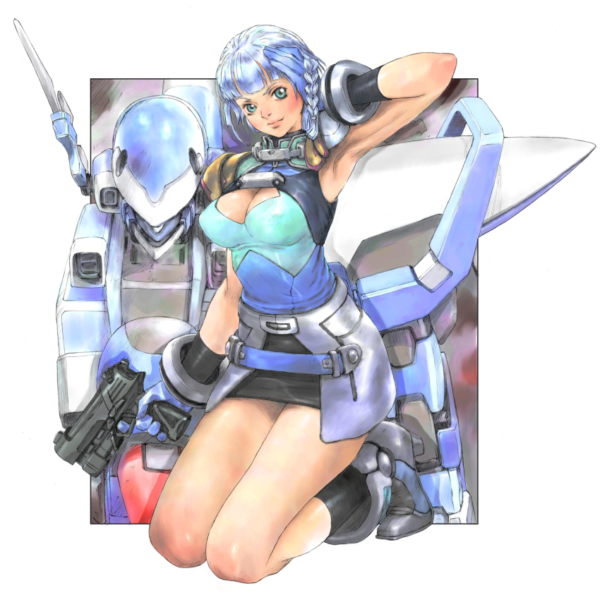 1girl, arm_behind_head, armpits, black_footwear, blue_eyes, blue_gloves, blue_hair, blush, boots, braid, breasts, cleavage, cleavage_cutout, clothing_cutout, finger_on_trigger, gloves, gun, handgun, highres, holding, holding_gun, holding_weapon, kneeling, looking_at_viewer, mecha, medium_breasts, microskirt, pistol, robot, science_fiction, seolla_schweizer, short_hair, side_braid, skirt, smile, solo_focus, super_robot_wars, super_robot_wars_original_generation, weapon, wildfalken, yasuda_akira