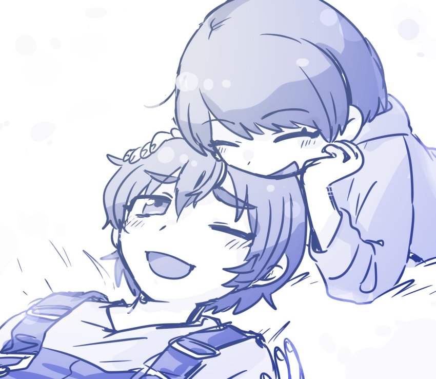 1boy, 1girl, blush, captain_(kemono_friends), closed_eyes, commentary, flirting, grass, hood, hoodie, kemono_friends, kemono_friends_3, laughing, lying, on_back, one_eye_closed, overalls, petting, short_hair, sisikemo123