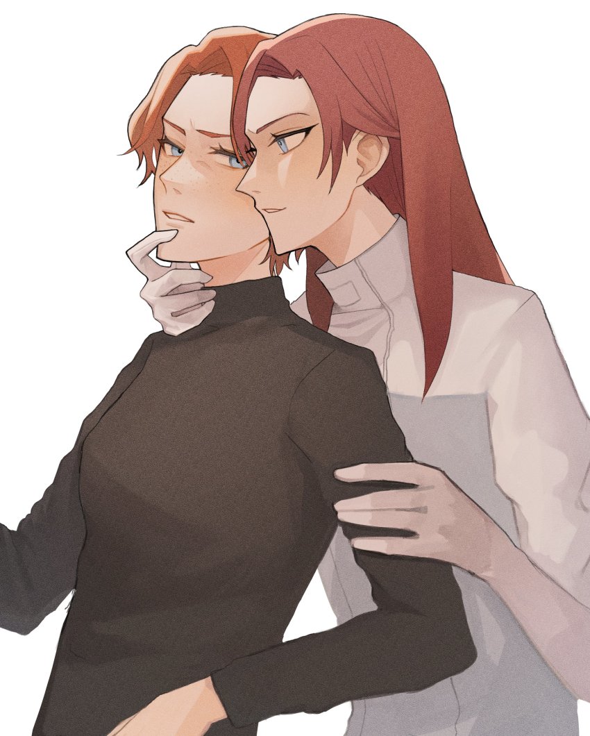 2girls, 4o3o, absurdres, animification, apex_legends, ashleigh_reid, black_sweater, blue_eyes, blue_jacket, blush, brown_hair, commentary, english_commentary, english_text, freckles, grey_background, hand_on_another's_face, highres, horizon_(apex_legends), jacket, long_hair, looking_at_another, multicolored_jacket, multiple_girls, parted_lips, short_hair, smile, sweater, turtleneck, turtleneck_sweater, two-tone_jacket, white_jacket, yuri